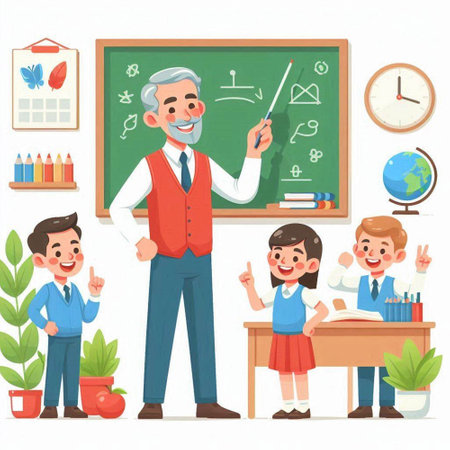 Teacher and pupils in the classroom. Vector illustration in cartoon styleのイラスト素材