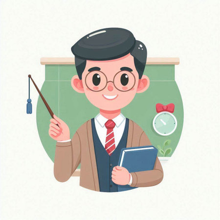 Teacher at the blackboard. Vector illustration in cartoon style.のイラスト素材