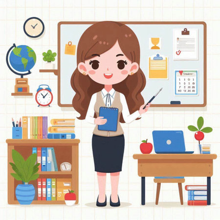 Young female teacher in a classroom. Vector illustration of a teacher in a classroom.のイラスト素材