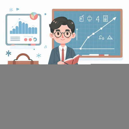 Businessman in front of a blackboard. Vector illustration in cartoon style.のイラスト素材