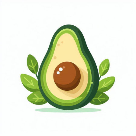 Avocado with leaves isolated on white background. Vector flat illustration.のイラスト素材
