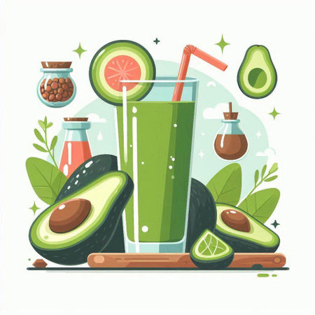 Avocado smoothie. Vector illustration in flat cartoon style on white background.のイラスト素材