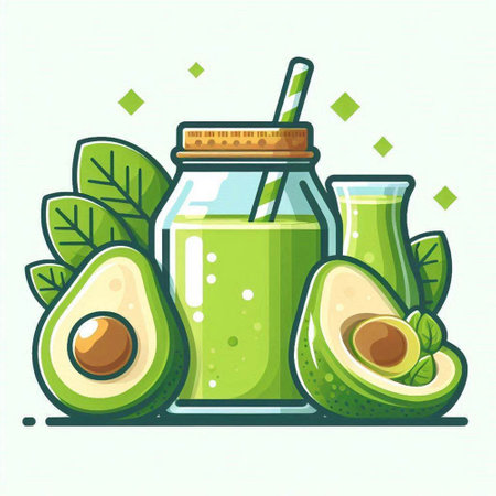 Avocado smoothie in a glass jar with a straw. Vector illustration.のイラスト素材