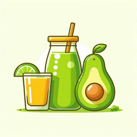 Avocado juice in a glass and fresh fruits. Vector illustration.のイラスト素材