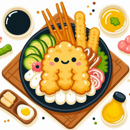 Illustration of a Cute Smiling Tempura Sushi on a Plateのイラスト素材