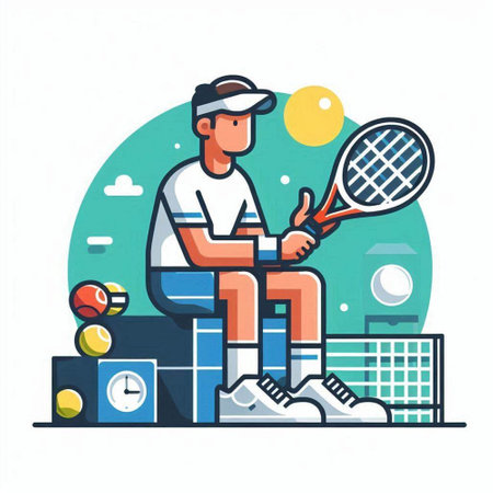 Tennis player sitting on the tennis court. Flat vector illustration.のイラスト素材