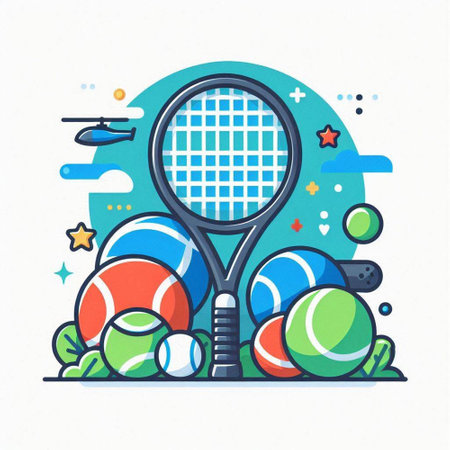 Tennis racket and balls. Vector illustration in thin line style.のイラスト素材