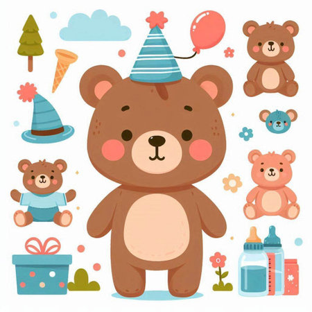 Cute teddy bear with birthday party elements. Vector illustration.のイラスト素材