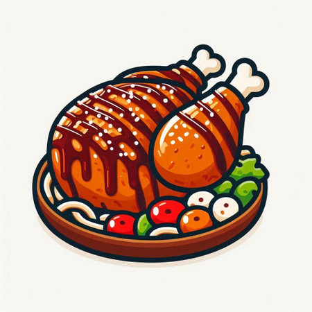 Illustration of a roasted turkey with vegetables on a wooden plate.のイラスト素材