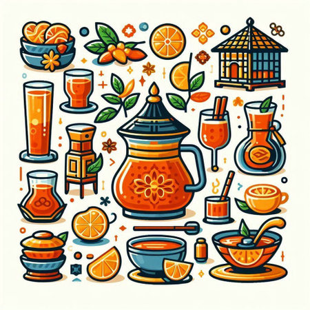 Tea set with teapot, cup of tea, honey, orange, cinnamon, star anise. Vector illustrationのイラスト素材