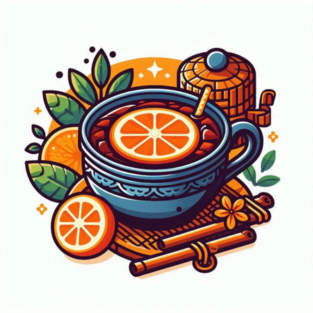 Cup of tea with orange slices and cinnamon sticks. Vector illustration.のイラスト素材