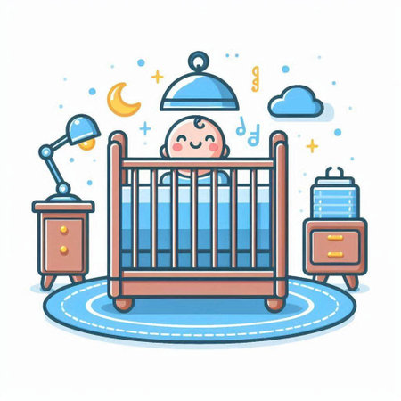 Cute baby boy sleeping in crib. Vector illustration in line style.のイラスト素材