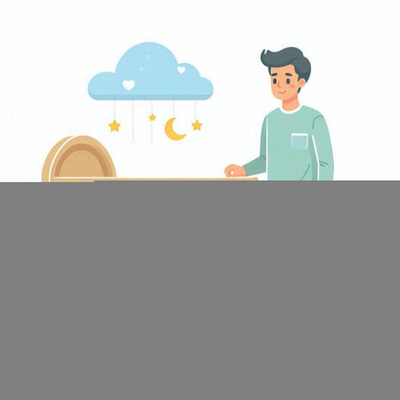 A young man is watching the moon over the clouds. Vector illustration.のイラスト素材