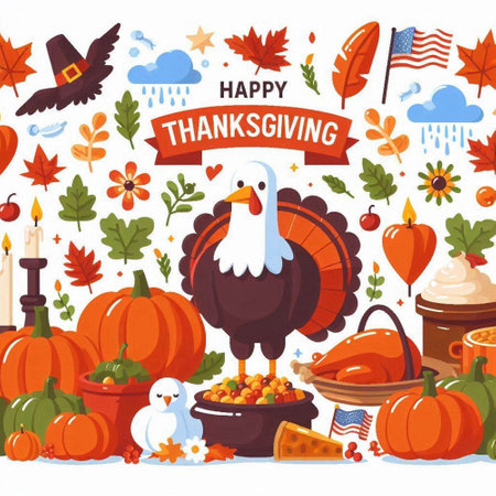 Thanksgiving day greeting card with turkey, pumpkins and autumn leaves. Vector illustrationのイラスト素材