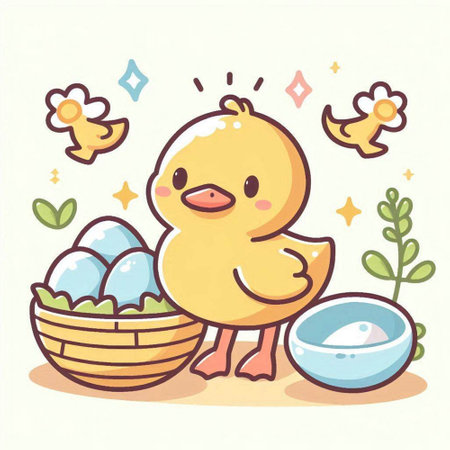 Illustration of a cute duckling with eggs in a basket.のイラスト素材