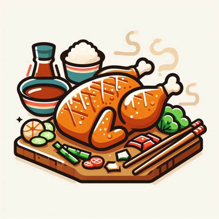 Illustration of grilled chicken on wooden board with soy sauce and chopsticksのイラスト素材