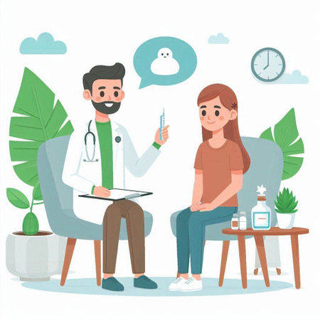 Doctor with stethoscope and female patient sitting on armchair. Vector illustrationのイラスト素材