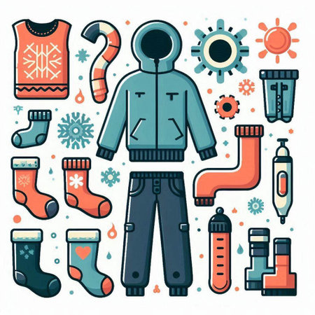 Winter clothes and accessories. Set of winter clothes and accessories. Vector illustration.のイラスト素材