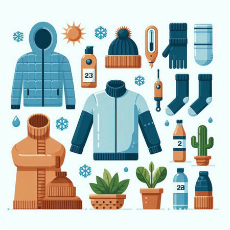 Winter clothing collection. Winter clothing and accessories. Vector illustration in flat style.のイラスト素材