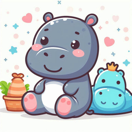 Cute hippo sitting with a bag of gifts. Vector illustrationのイラスト素材