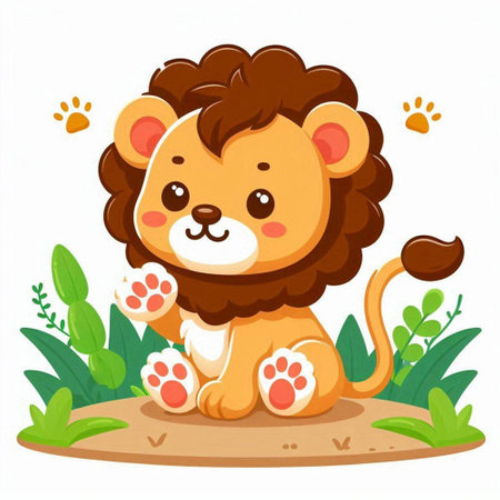 Cute lion sitting on the grass. Vector illustration isolated on white background.のイラスト素材