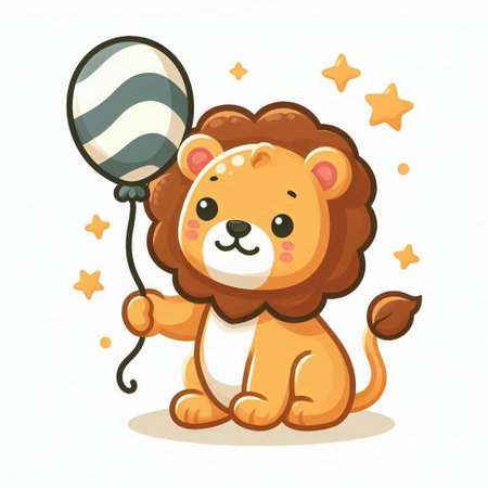 Cute cartoon lion with a balloon on a white background. Vector illustration.のイラスト素材