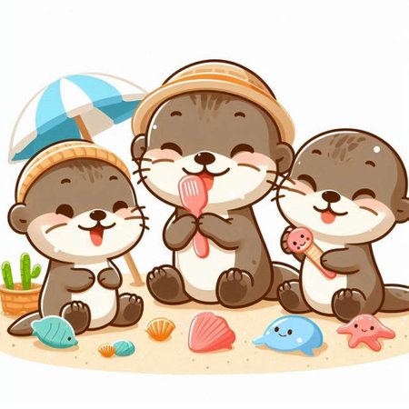 Cute otters with ice cream on the beach. Vector illustration.のイラスト素材