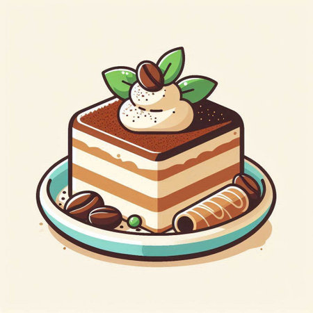 Illustration of a tiramisu cake with whipped cream and mintのイラスト素材