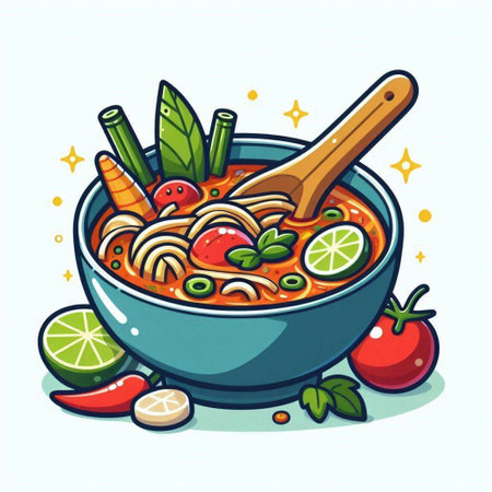 Illustration of a bowl of spicy noodle soup with vegetables and herbsのイラスト素材