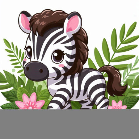 Cute zebra cartoon with flowers and leaves background illustration vector graphic designのイラスト素材