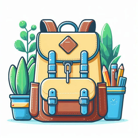 School backpack with stationery. Back to school. Vector illustration.のイラスト素材