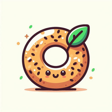 Cute donut with sesame seeds and green leaf. Vector illustration.のイラスト素材