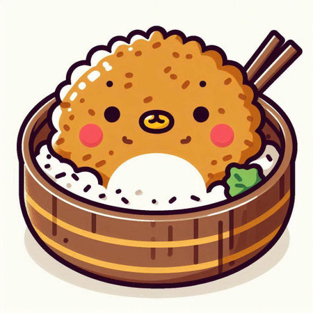 Illustration of a cute kawaii rice ball in a wooden boxのイラスト素材