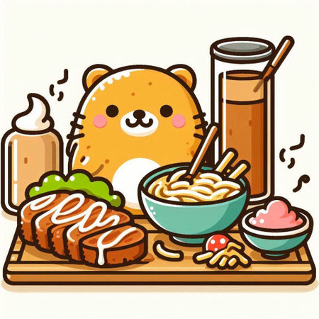 Illustration of a Cute Bear Eating a Bowl of Sushiのイラスト素材