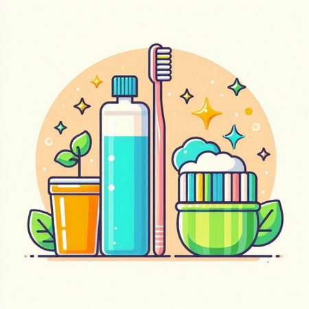 Vector illustration of toothbrush, toothpaste, toothpaste, bowl with toothpaste and green tea.のイラスト素材