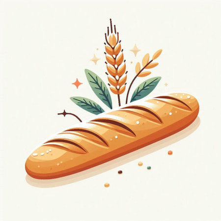 Baguette with wheat ears. Vector illustration on white background.のイラスト素材