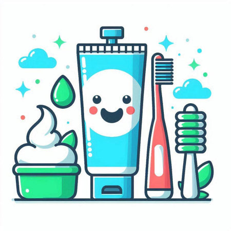 Cute toothbrush and toothpaste. Vector illustration in cartoon styleのイラスト素材