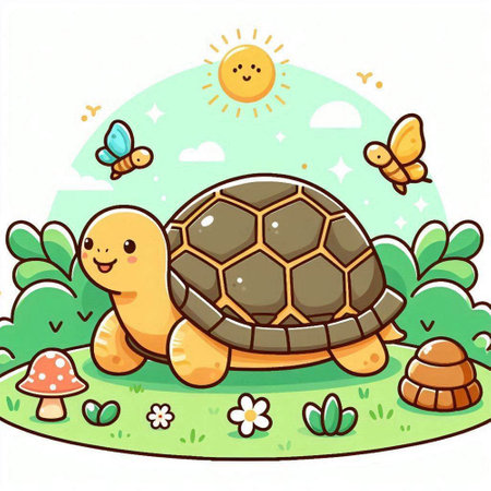 Cute Cartoon Turtle on the Grass with Butterflies. Vector Illustrationのイラスト素材