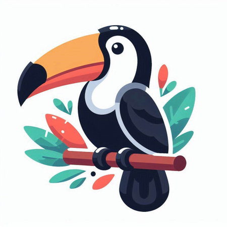 Cute cartoon toucan sitting on a branch. Vector illustration.のイラスト素材