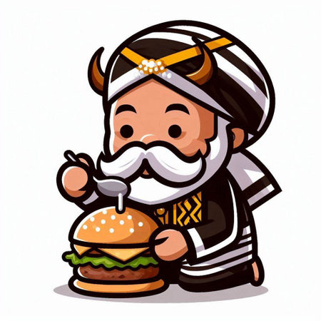 Viking with a big hamburger and mustache. Vector illustration.のイラスト素材