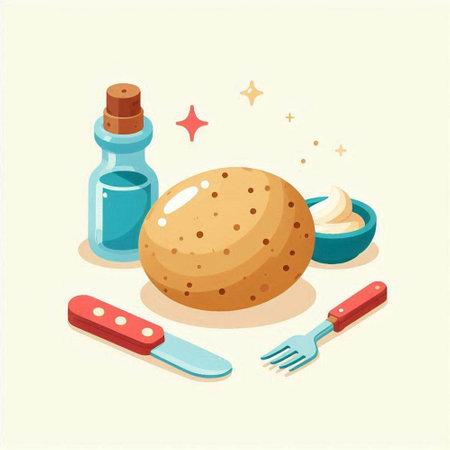 Potato, knife and fork. Vector illustration in cartoon style.のイラスト素材