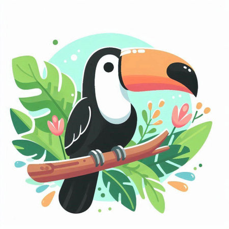 Cute cartoon toucan sitting on a branch with leaves. Vector illustration.のイラスト素材