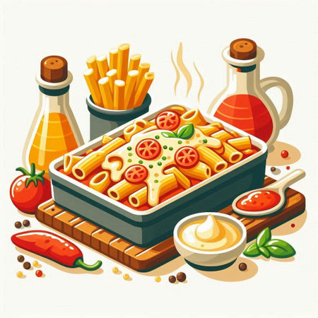Illustration of pasta with tomato sauce and cheese in a baking dishのイラスト素材