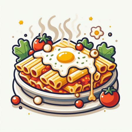 Rigatoni pasta with tomato sauce and fried egg. Vector illustration.のイラスト素材