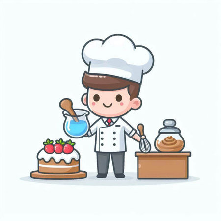 Chef cooking cake. Cute cartoon character. Vector illustration.のイラスト素材