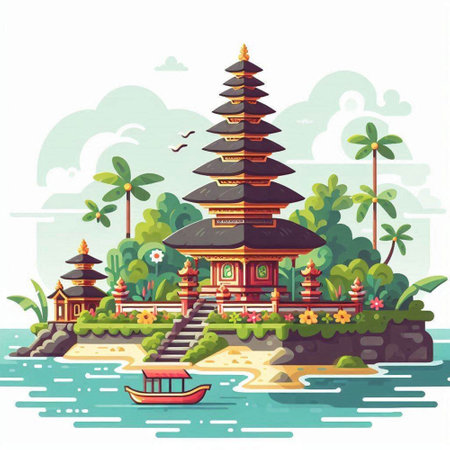 Pura Ulun Danu Bratan temple in Bali, Indonesiaのイラスト素材
