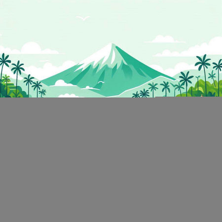 Beautiful landscape with volcano, palm trees and clouds. Vector illustrationのイラスト素材