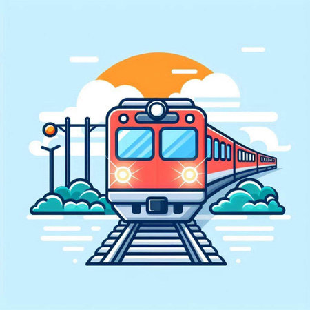 Train on the background of the sky and clouds. Vector illustration.のイラスト素材