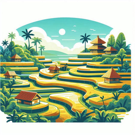 Rice terraces in Bali, Indonesia. Vector illustration.のイラスト素材