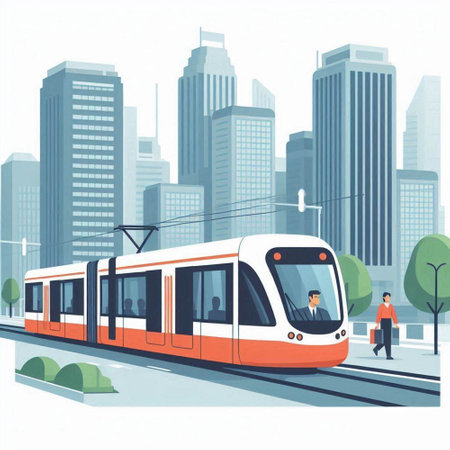 Vector illustration of a modern tram on the background of the city.のイラスト素材